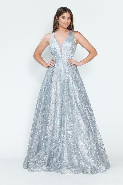 Sequin Floral Lace-Up Back A-Line Gown Sparkly Sleeveless Prom & Formal Dress By Lenovia 8240