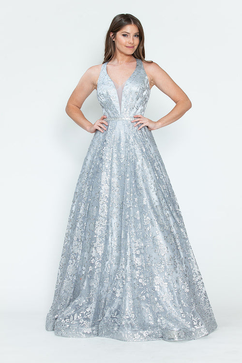 Sequin Floral Lace-Up Back A-Line Gown Sparkly Sleeveless Prom & Formal Dress By Lenovia 8240