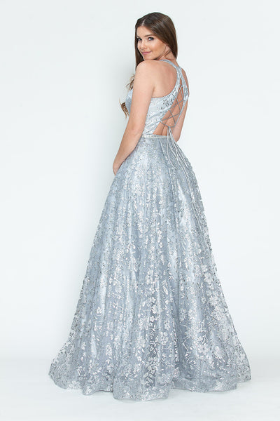 Sequin Floral Lace-Up Back A-Line Gown Sparkly Sleeveless Prom & Formal Dress By Lenovia 8240