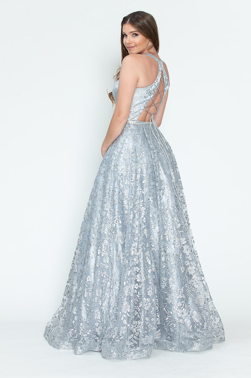Vestido de fiesta y formal sin mangas con lentejuelas y encaje floral en la espalda, corte A, brillante, de Lenovia 8240