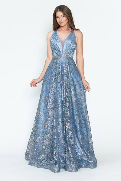 Sequin Floral Lace-Up Back A-Line Gown Sparkly Sleeveless Prom & Formal Dress By Lenovia 8240