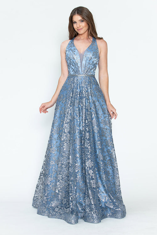 Sequin Floral Lace-Up Back A-Line Gown Sparkly Sleeveless Prom & Formal Dress By Lenovia 8240