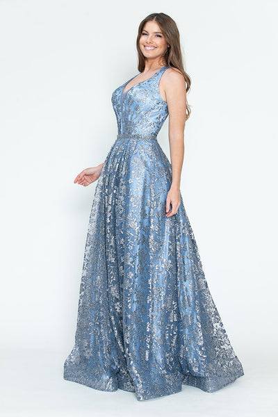 Sequin Floral Lace-Up Back A-Line Gown Sparkly Sleeveless Prom & Formal Dress By Lenovia 8240