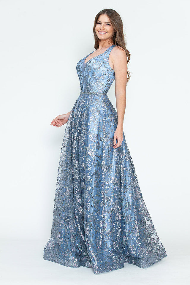 Vestido de fiesta y formal sin mangas con lentejuelas y encaje floral en la espalda, corte A, brillante, de Lenovia 8240