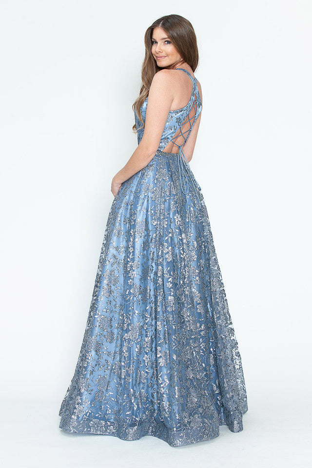 Vestido de fiesta y formal sin mangas con lentejuelas y encaje floral en la espalda, corte A, brillante, de Lenovia 8240