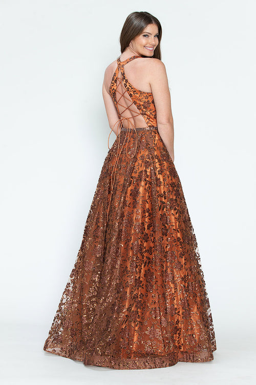 Sequin Floral Lace-Up Back A-Line Gown Sparkly Sleeveless Prom & Formal Dress By Lenovia 8240