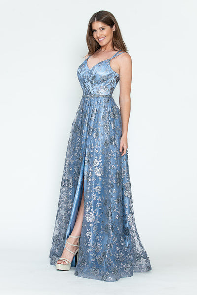 Glitter Embellished A-Line Gown with Corset Back & Stone Belt Formal Prom Dress by Lenovia 8235