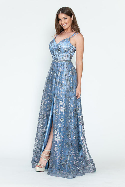 Glitter Embellished A-Line Gown with Corset Back & Stone Belt Formal Prom Dress by Lenovia 8235