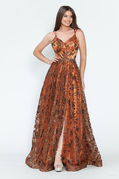 Glitter Embellished A-Line Gown with Corset Back & Stone Belt Formal Prom Dress by Lenovia 8235