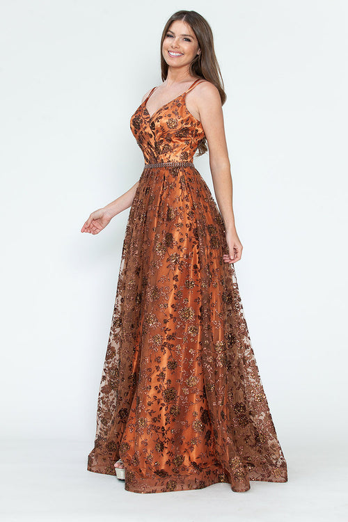 Glitter Embellished A-Line Gown with Corset Back & Stone Belt Formal Prom Dress by Lenovia 8235