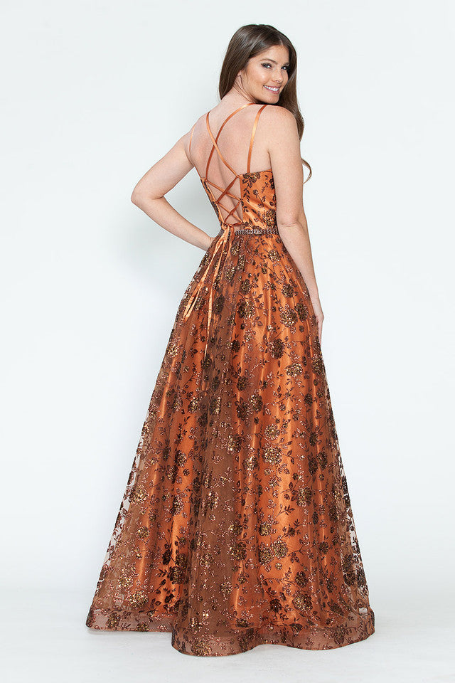 Vestido de fiesta formal de corte A con adornos de purpurina, espalda de corsé y cinturón de piedras de Lenovia 8235