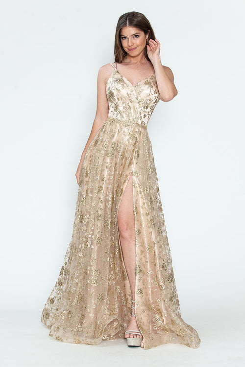 Glitter Embellished A-Line Gown with Corset Back & Stone Belt Formal Prom Dress by Lenovia 8235