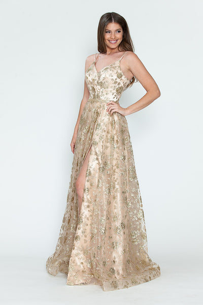 Glitter Embellished A-Line Gown with Corset Back & Stone Belt Formal Prom Dress by Lenovia 8235