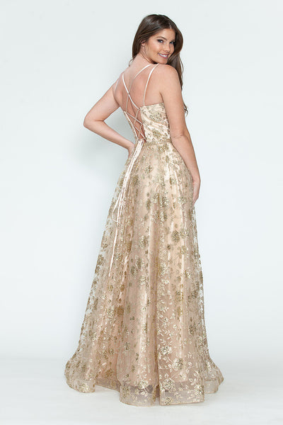 Glitter Embellished A-Line Gown with Corset Back & Stone Belt Formal Prom Dress by Lenovia 8235