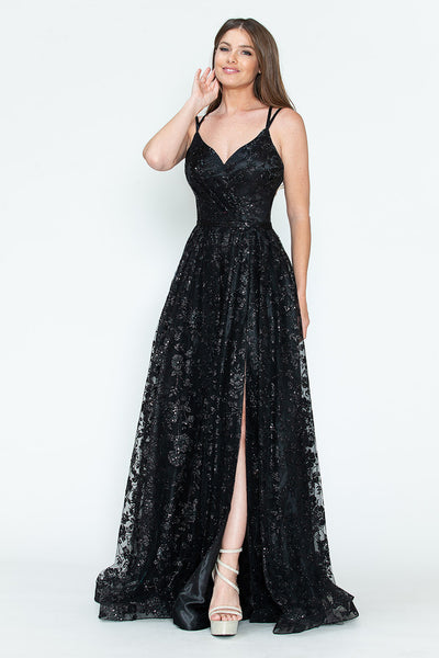 Glitter Embellished A-Line Gown with Corset Back & Stone Belt Formal Prom Dress by Lenovia 8235