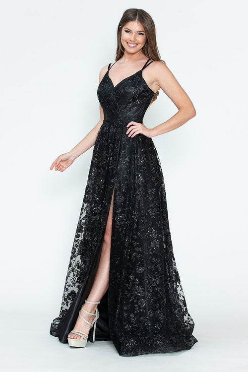 Glitter Embellished A-Line Gown with Corset Back & Stone Belt Formal Prom Dress by Lenovia 8235