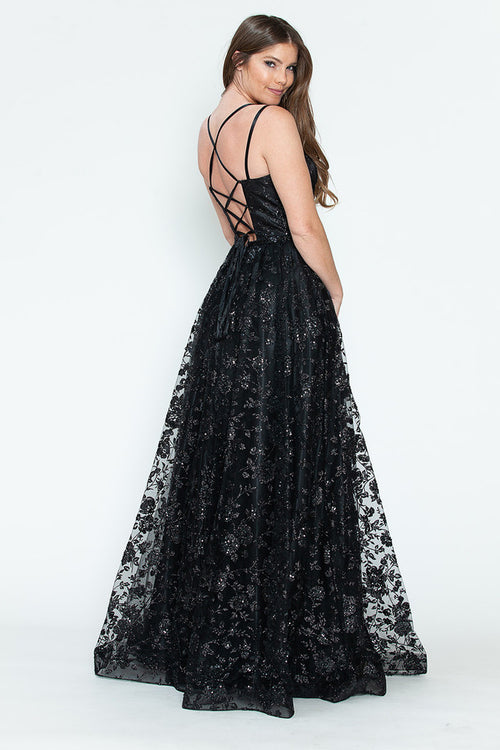 Glitter Embellished A-Line Gown with Corset Back & Stone Belt Formal Prom Dress by Lenovia 8235