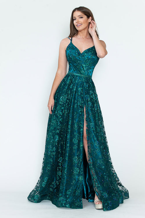 Glitter Embellished A-Line Gown with Corset Back & Stone Belt Formal Prom Dress by Lenovia 8235