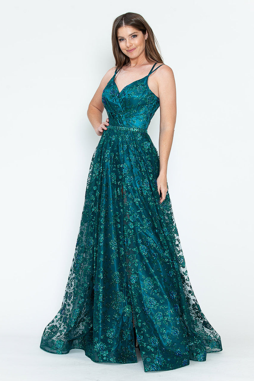 Vestido de fiesta formal de corte A con adornos de purpurina, espalda de corsé y cinturón de piedras de Lenovia 8235