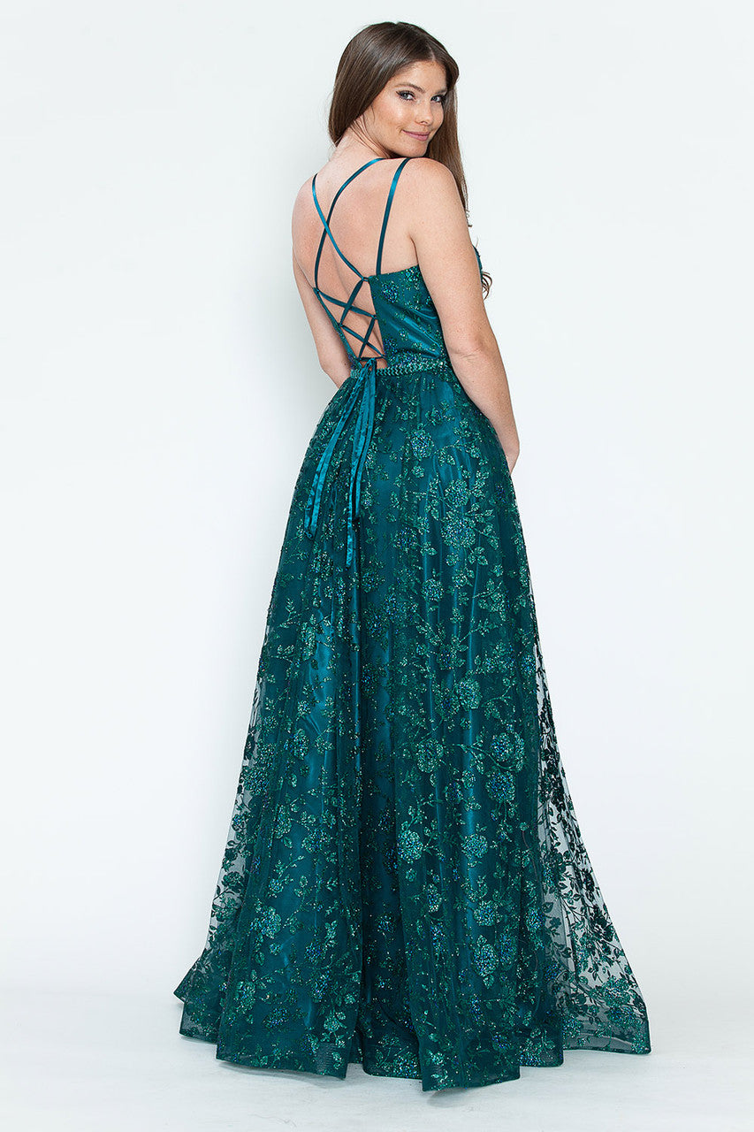 Vestido de fiesta formal de corte A con adornos de purpurina, espalda de corsé y cinturón de piedras de Lenovia 8235