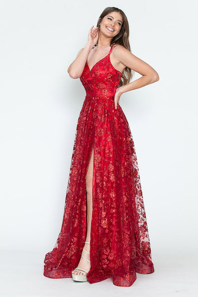 Glitter Embellished A-Line Gown with Corset Back & Stone Belt Formal Prom Dress by Lenovia 8235