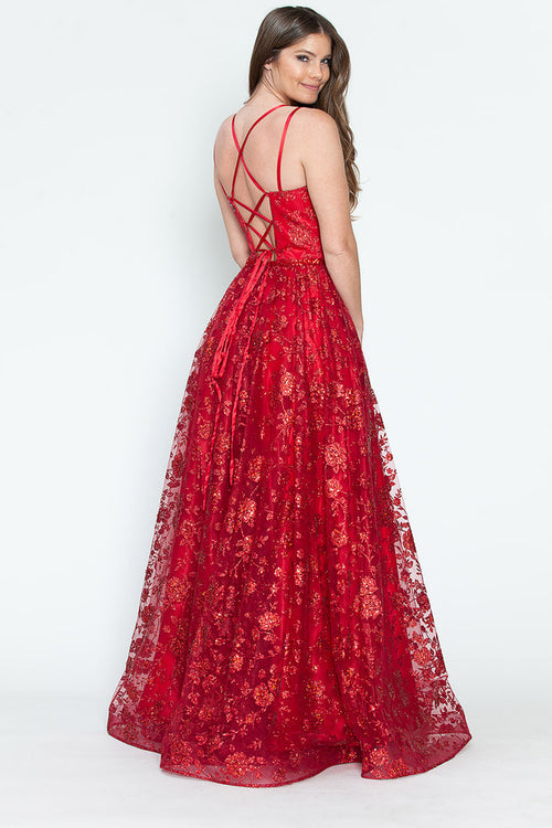 Glitter Embellished A-Line Gown with Corset Back & Stone Belt Formal Prom Dress by Lenovia 8235