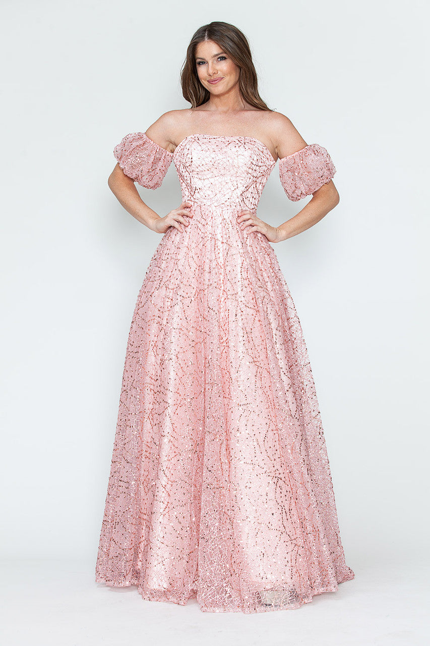 Vestido de noche formal de tul brillante con mangas abullonadas, corte A, de Lenovia 8242