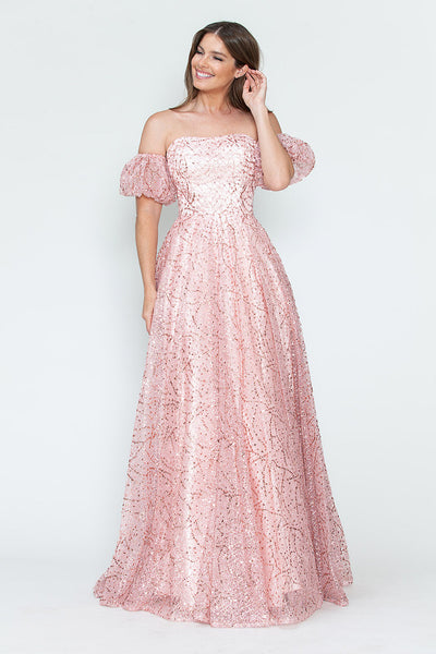 Glitter Tulle A-Line with Puff Sleeves Formal Evening Dress By Lenovia 8242