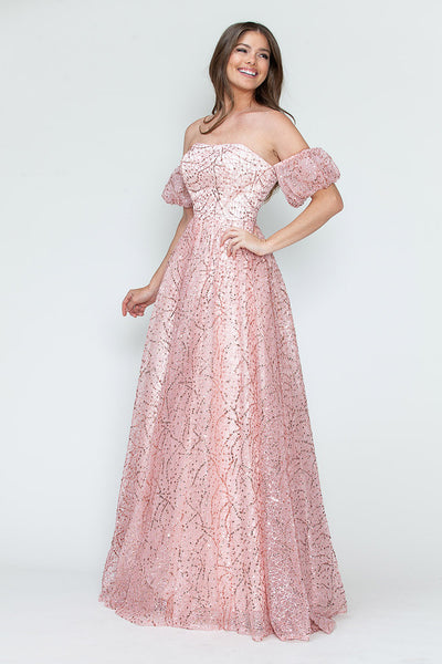 Glitter Tulle A-Line with Puff Sleeves Formal Evening Dress By Lenovia 8242