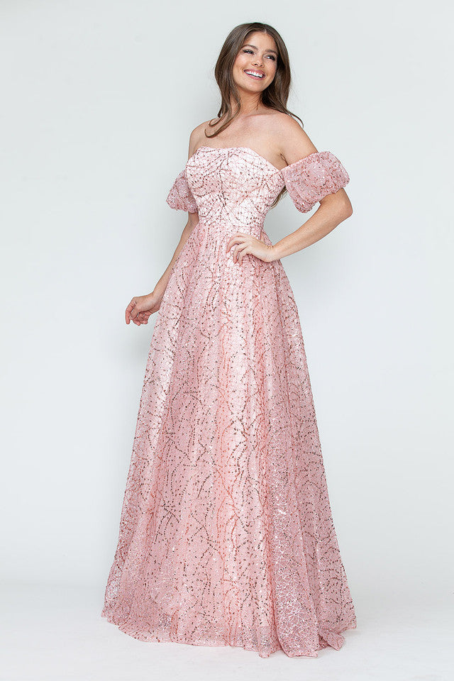 Vestido de noche formal de tul brillante con mangas abullonadas, corte A, de Lenovia 8242