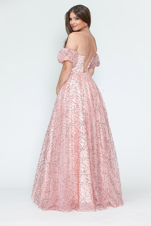 Vestido de noche formal de tul brillante con mangas abullonadas, corte A, de Lenovia 8242