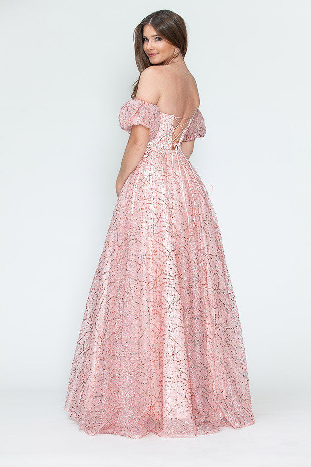 Vestido de noche formal de tul brillante con mangas abullonadas, corte A, de Lenovia 8242