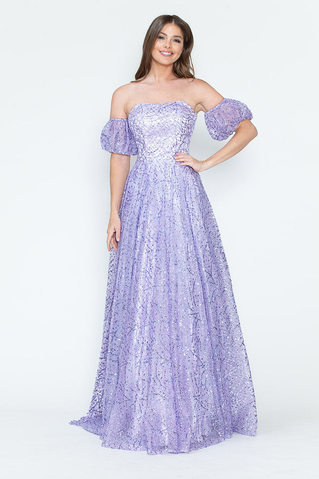 Vestido de noche formal de tul brillante con mangas abullonadas, corte A, de Lenovia 8242