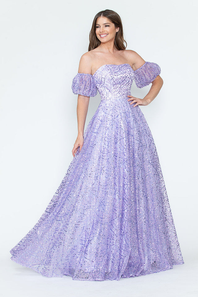 Vestido de noche formal de tul brillante con mangas abullonadas, corte A, de Lenovia 8242
