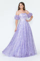 Vestido de noche formal de tul brillante con mangas abullonadas, corte A, de Lenovia 8242