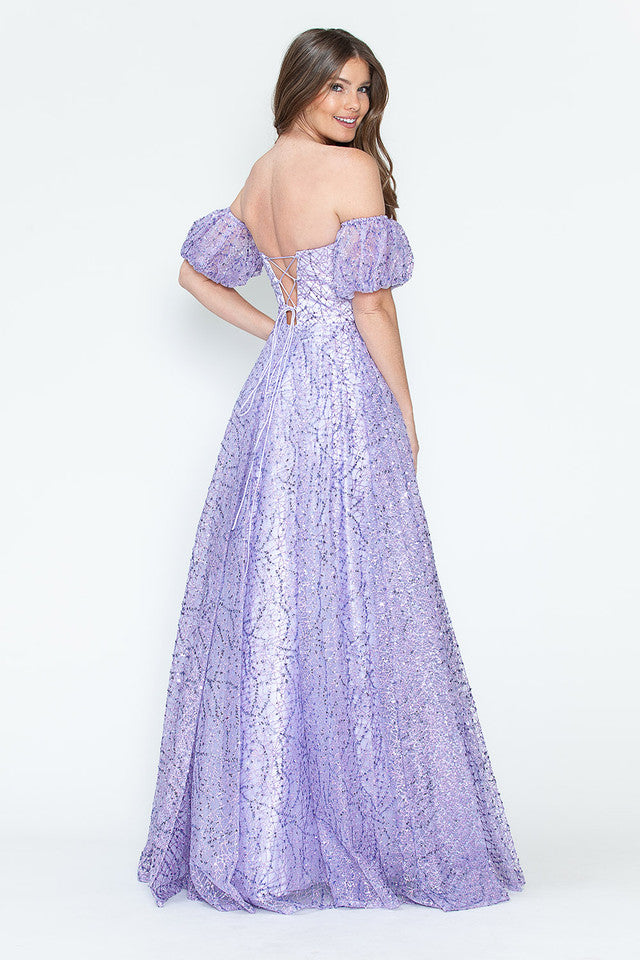 Vestido de noche formal de tul brillante con mangas abullonadas, corte A, de Lenovia 8242