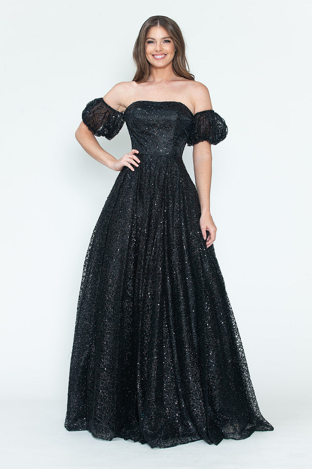 Vestido de noche formal de tul brillante con mangas abullonadas, corte A, de Lenovia 8242