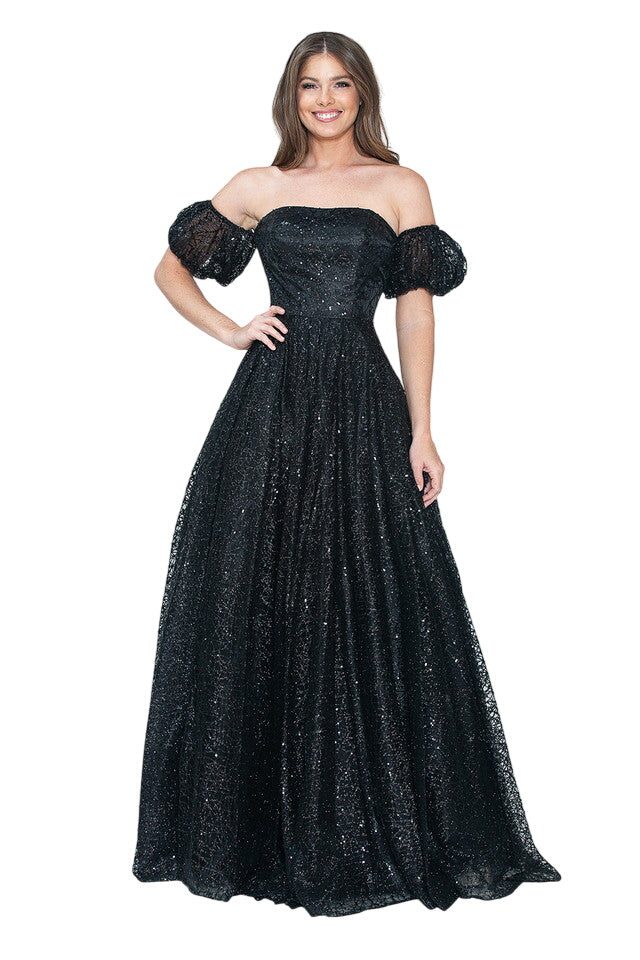 Glitter Tulle A-Line with Puff Sleeves Formal Evening Dress By Lenovia 8242