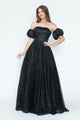Vestido de noche formal de tul brillante con mangas abullonadas, corte A, de Lenovia 8242