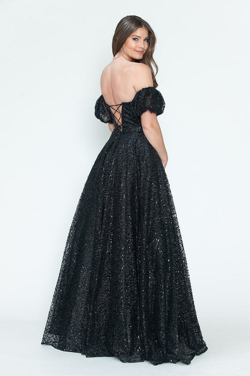 Vestido de noche formal de tul brillante con mangas abullonadas, corte A, de Lenovia 8242
