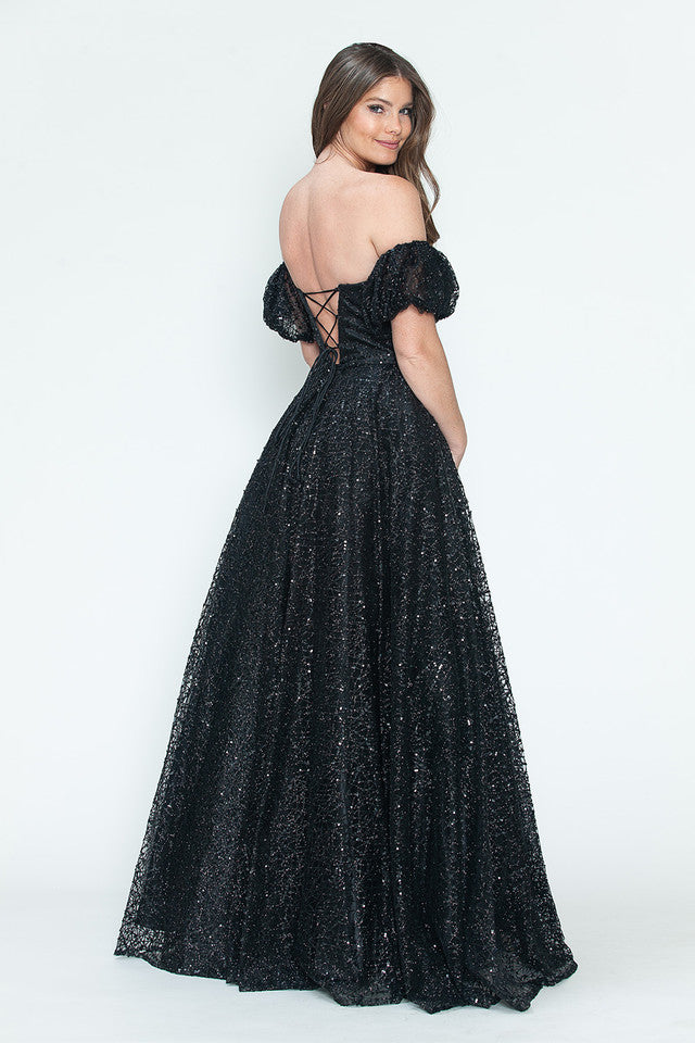 Vestido de noche formal de tul brillante con mangas abullonadas, corte A, de Lenovia 8242