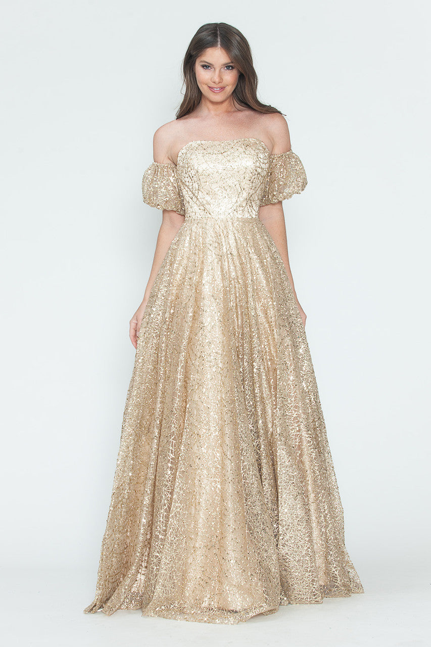 Vestido de noche formal de tul brillante con mangas abullonadas, corte A, de Lenovia 8242
