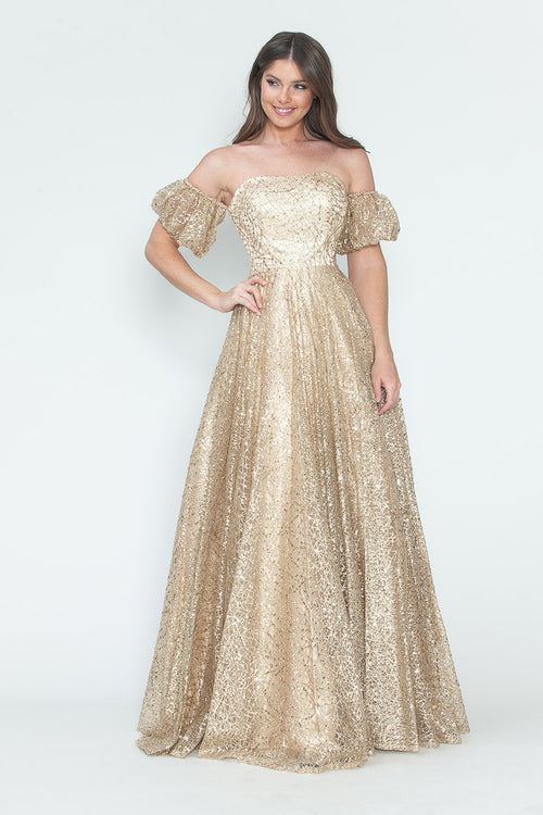 Vestido de noche formal de tul brillante con mangas abullonadas, corte A, de Lenovia 8242