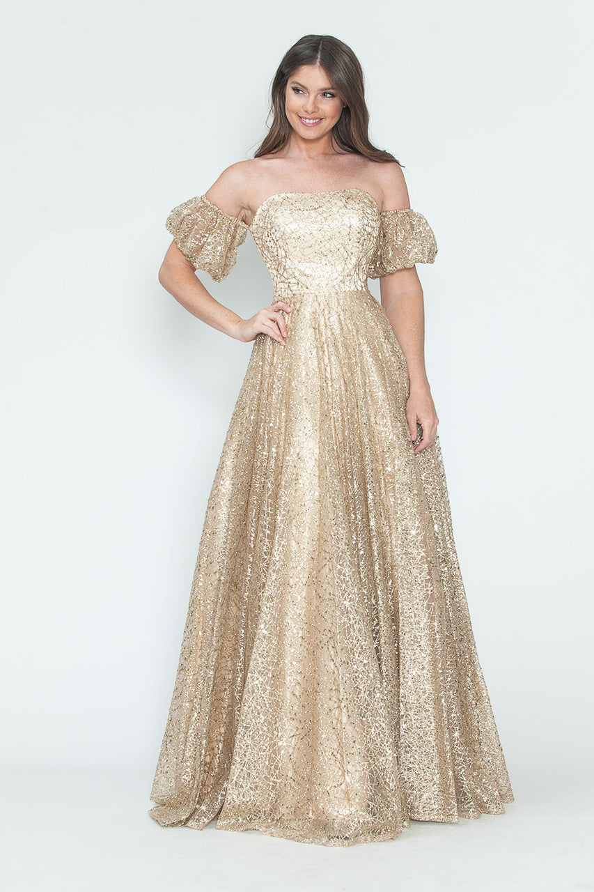 Vestido de noche formal de tul brillante con mangas abullonadas, corte A, de Lenovia 8242