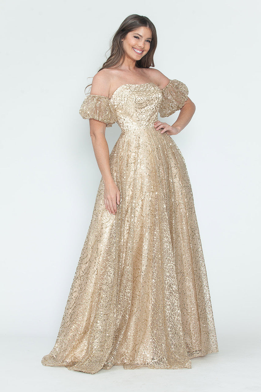 Vestido de noche formal de tul brillante con mangas abullonadas, corte A, de Lenovia 8242