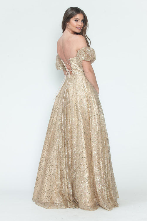 Vestido de noche formal de tul brillante con mangas abullonadas, corte A, de Lenovia 8242
