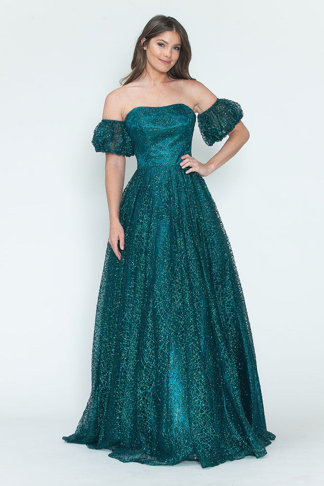 Vestido de noche formal de tul brillante con mangas abullonadas, corte A, de Lenovia 8242