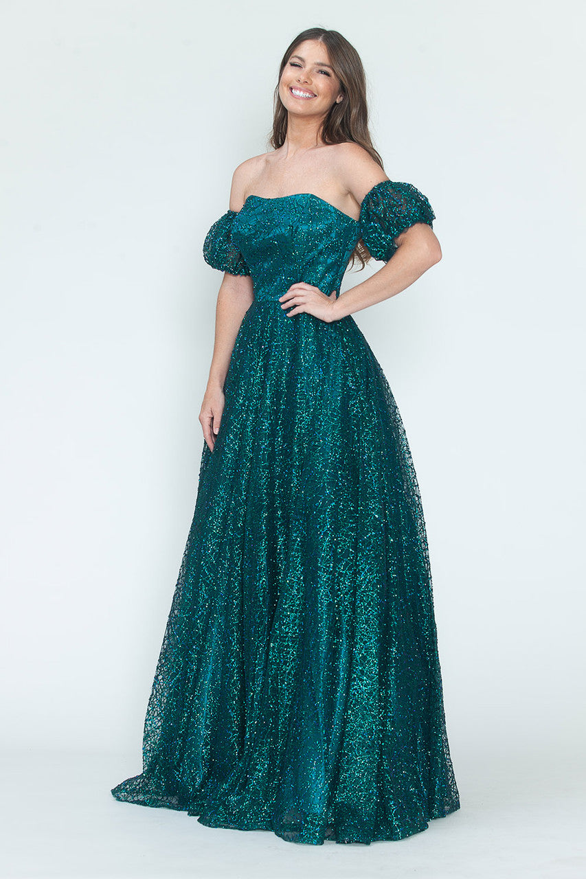 Vestido de noche formal de tul brillante con mangas abullonadas, corte A, de Lenovia 8242