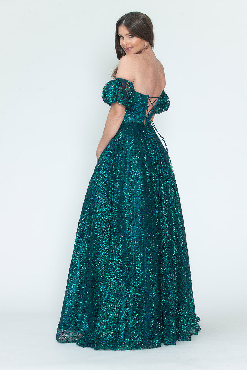 Vestido de noche formal de tul brillante con mangas abullonadas, corte A, de Lenovia 8242