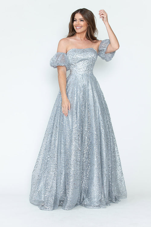 Vestido de noche formal de tul brillante con mangas abullonadas, corte A, de Lenovia 8242